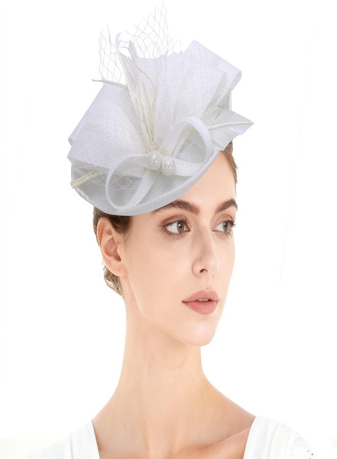 Lanpet Fascinators Hats for Church, Tea Party Hat for Women Vintage Feather Headpiece White - Image 1